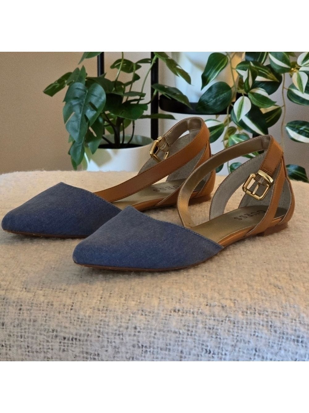 Guess denim and faux leather pointed toe ,ankle strap size 7.5